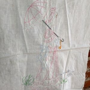Vintage Homemade Hand‎ Embroidered Woman Walking with a Parasol Umbrella